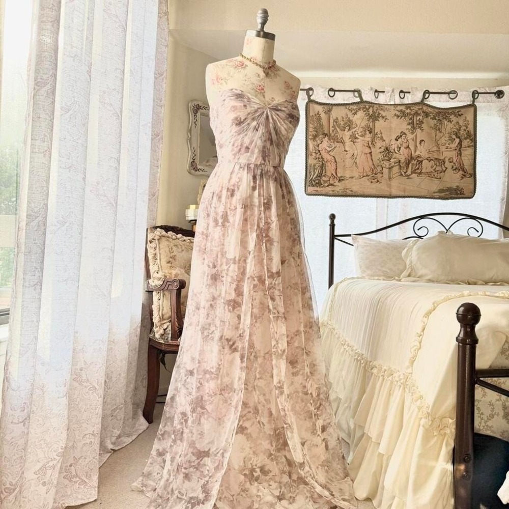 Jenny Yoo Strapless Floral Dress in Cream and Brown